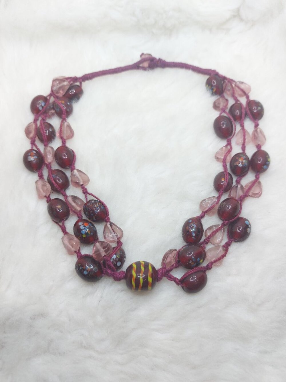 Multi-strand Necklace Purple Pink Glass Beads w/ Single Central Bead